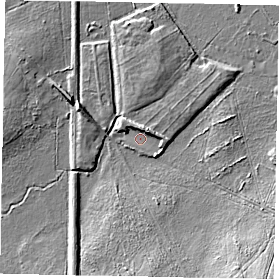 Shaded relief map of the ground around GU33SB, computed from Environment Agency LiDAR. The ground here sits at about 30 m above sea level and falls 13 m across the surrounding 800 m. Surface water reaching this point runs off ground lying to the north-east, 4.6 m higher.