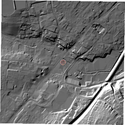 Shaded relief map of the ground around GU341AW, computed from Environment Agency LiDAR. The ground here sits at about 102 m above sea level and falls 40 m across the surrounding 800 m. Surface water reaching this point runs off ground lying to the south, 22.1 m higher.