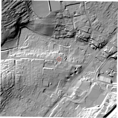 Shaded relief map of the ground around GU341HG, computed from Environment Agency LiDAR. The ground here sits at about 107 m above sea level and falls 29 m across the surrounding 800 m. Surface water reaching this point runs off ground lying to the south-west, 3.8 m higher.