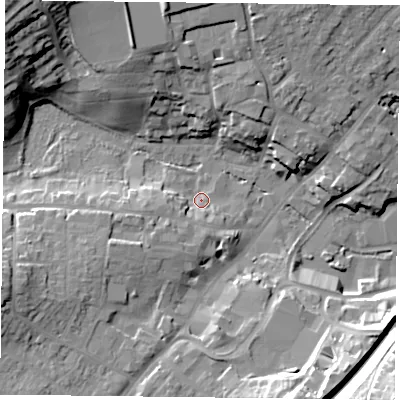 Shaded relief map of the ground around GU341HN, computed from Environment Agency LiDAR. The ground here sits at about 103 m above sea level and falls 33 m across the surrounding 800 m. Surface water reaching this point runs off ground lying to the west-south-west, 8.5 m higher.