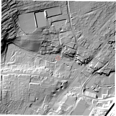 Shaded relief map of the ground around GU341HP, computed from Environment Agency LiDAR. The ground here sits at about 102 m above sea level and falls 32 m across the surrounding 800 m. Surface water reaching this point runs off ground lying to the north-west, 30.7 m higher.