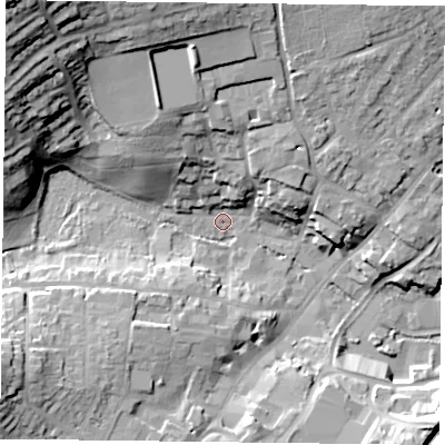 Shaded relief map of the ground around GU341HR, computed from Environment Agency LiDAR. The ground here sits at about 102 m above sea level and falls 35 m across the surrounding 800 m. Surface water reaching this point runs off ground lying to the north-west, 31.5 m higher.