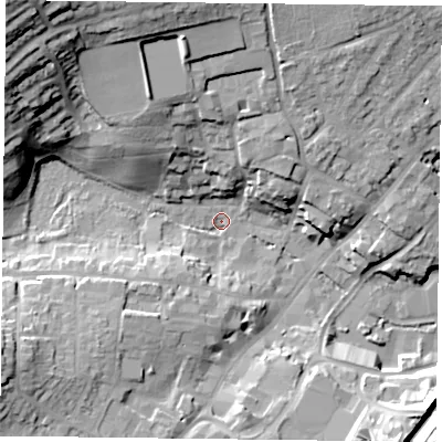 Shaded relief map of the ground around GU341HW, computed from Environment Agency LiDAR. The ground here sits at about 102 m above sea level and falls 32 m across the surrounding 800 m. Surface water reaching this point runs off ground lying to the north-west, 30.2 m higher.