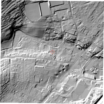 Shaded relief map of the ground around GU341JE, computed from Environment Agency LiDAR. The ground here sits at about 103 m above sea level and falls 30 m across the surrounding 800 m. Surface water reaching this point runs off ground lying to the south-south-west, 5.1 m higher.
