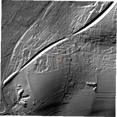 Shaded relief map of the ground around GU341PB, computed from Environment Agency LiDAR. The ground here sits at about 132 m above sea level and falls 31 m across the surrounding 800 m. Surface water reaching this point runs off ground lying to the south, 4.1 m higher.