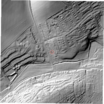 Shaded relief map of the ground around GU341QD, computed from Environment Agency LiDAR. The ground here sits at about 105 m above sea level and falls 41 m across the surrounding 800 m. Surface water reaching this point runs off ground lying to the north, 37.0 m higher.