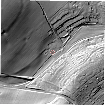 Shaded relief map of the ground around GU341QL, computed from Environment Agency LiDAR. The ground here sits at about 106 m above sea level and falls 54 m across the surrounding 800 m. Surface water reaching this point runs off ground lying to the north-west, 50.7 m higher.