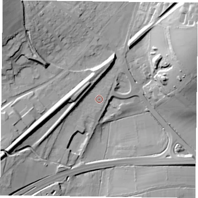 Shaded relief map of the ground around GU341RX, computed from Environment Agency LiDAR. The ground here sits at about 112 m above sea level and falls 32 m across the surrounding 800 m. Surface water reaching this point runs off ground lying to the west-north-west, 8.8 m higher.