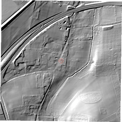 Shaded relief map of the ground around GU341SB, computed from Environment Agency LiDAR. The ground here sits at about 112 m above sea level and falls 29 m across the surrounding 800 m. Surface water reaching this point runs off ground lying to the west, 9.3 m higher.