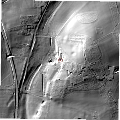 Shaded relief map of the ground around GU341SJ, computed from Environment Agency LiDAR. The ground here sits at about 117 m above sea level and falls 29 m across the surrounding 800 m. Surface water reaching this point runs off ground lying to the east-south-east, 19.0 m higher.