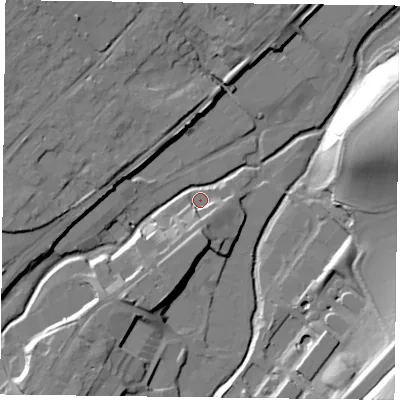Shaded relief map of the ground around GU342NQ, computed from Environment Agency LiDAR. The ground here sits at about 98 m above sea level and falls 33 m across the surrounding 800 m. Surface water reaching this point runs off ground lying to the south-west, 11.4 m higher.