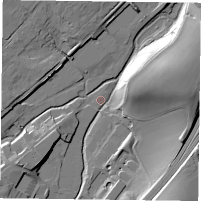 Shaded relief map of the ground around GU342PH, computed from Environment Agency LiDAR. The ground here sits at about 95 m above sea level and falls 34 m across the surrounding 800 m. Surface water reaching this point runs off ground lying to the east-north-east, 27.3 m higher.