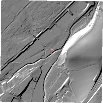 Shaded relief map of the ground around GU342PJ, computed from Environment Agency LiDAR. The ground here sits at about 96 m above sea level and falls 34 m across the surrounding 800 m. Surface water reaching this point runs off ground lying to the east, 32.3 m higher.