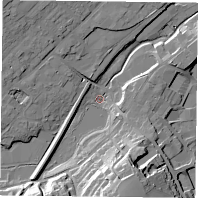 Shaded relief map of the ground around GU342PQ, computed from Environment Agency LiDAR. The ground here sits at about 98 m above sea level and falls 37 m across the surrounding 800 m. Surface water reaching this point runs off ground lying to the south-south-east, 35.4 m higher.