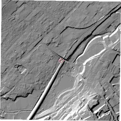 Shaded relief map of the ground around GU342PY, computed from Environment Agency LiDAR. The ground here sits at about 102 m above sea level and falls 34 m across the surrounding 800 m. Surface water reaching this point runs off ground lying to the north-west, 21.7 m higher.