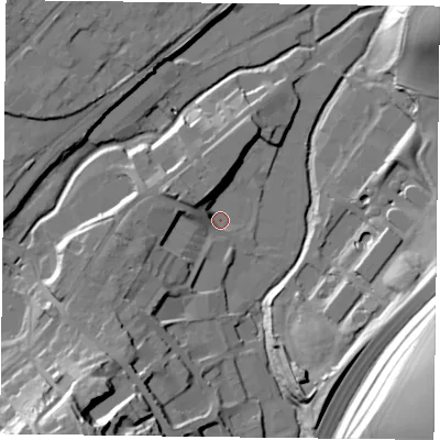 Shaded relief map of the ground around GU342QA, computed from Environment Agency LiDAR. The ground here sits at about 97 m above sea level and falls 49 m across the surrounding 800 m. Surface water reaching this point runs off ground lying to the south-west, 13.3 m higher.