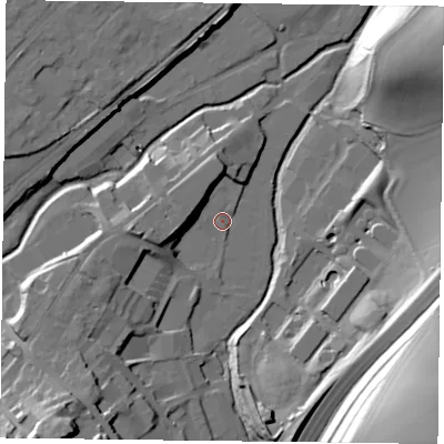 Shaded relief map of the ground around GU342QF, computed from Environment Agency LiDAR. The ground here sits at about 98 m above sea level and falls 53 m across the surrounding 800 m. Surface water reaching this point runs off ground lying to the south-west, 13.6 m higher.