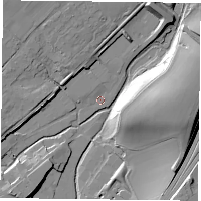 Shaded relief map of the ground around GU342QJ, computed from Environment Agency LiDAR. The ground here sits at about 96 m above sea level and falls 35 m across the surrounding 800 m. Surface water reaching this point runs off ground lying to the north-west, 6.6 m higher.