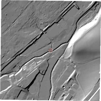 Shaded relief map of the ground around GU342QQ, computed from Environment Agency LiDAR. The ground here sits at about 96 m above sea level and falls 34 m across the surrounding 800 m. Surface water reaching this point runs off ground lying to the north-west, 15.5 m higher.