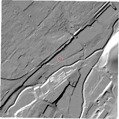 Shaded relief map of the ground around GU342QR, computed from Environment Agency LiDAR. The ground here sits at about 97 m above sea level and falls 27 m across the surrounding 800 m. Surface water reaching this point runs off ground lying to the west, 6.7 m higher.