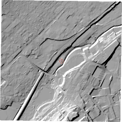 Shaded relief map of the ground around GU342QU, computed from Environment Agency LiDAR. The ground here sits at about 98 m above sea level and falls 28 m across the surrounding 800 m. Surface water reaching this point runs off ground lying to the west-north-west, 17.1 m higher.