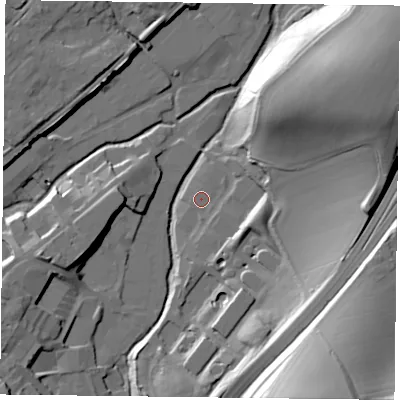 Shaded relief map of the ground around GU342UD, computed from Environment Agency LiDAR. The ground here sits at about 97 m above sea level and falls 45 m across the surrounding 800 m. Surface water reaching this point runs off ground lying to the south-east, 5.9 m higher.