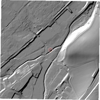 Shaded relief map of the ground around GU342YY, computed from Environment Agency LiDAR. The ground here sits at about 96 m above sea level and falls 34 m across the surrounding 800 m. Surface water reaching this point runs off ground lying to the east, 32.3 m higher.