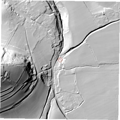 Shaded relief map of the ground around GU343BZ, computed from Environment Agency LiDAR. The ground here sits at about 117 m above sea level and falls 87 m across the surrounding 800 m. Surface water reaching this point runs off ground lying to the west, 76.4 m higher.