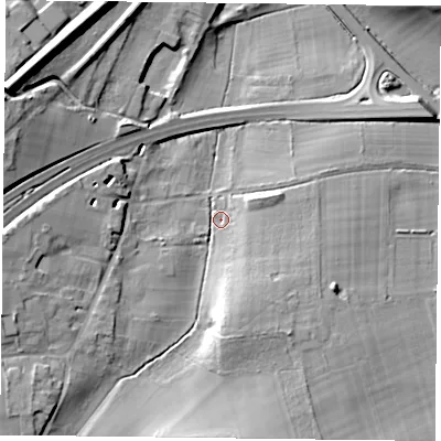 Shaded relief map of the ground around GU343HB, computed from Environment Agency LiDAR. The ground here sits at about 108 m above sea level and falls 22 m across the surrounding 800 m. Surface water reaching this point runs off ground lying to the west-north-west, 15.1 m higher.
