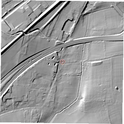 Shaded relief map of the ground around GU343HE, computed from Environment Agency LiDAR. The ground here sits at about 109 m above sea level and falls 25 m across the surrounding 800 m. Surface water reaching this point runs off ground lying to the west-south-west, 13.8 m higher.