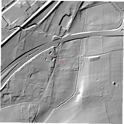 Shaded relief map of the ground around GU343HG, computed from Environment Agency LiDAR. The ground here sits at about 109 m above sea level and falls 25 m across the surrounding 800 m. Surface water reaching this point runs off ground lying to the west-south-west, 14.6 m higher.