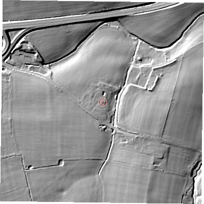 Shaded relief map of the ground around GU343HL, computed from Environment Agency LiDAR. The ground here sits at about 108 m above sea level and falls 12 m across the surrounding 800 m. Surface water reaching this point runs off ground lying to the south-west, 1.8 m higher.