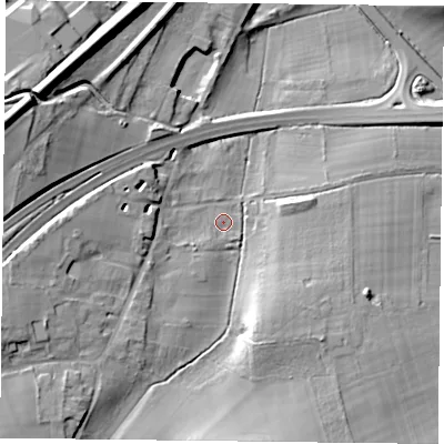 Shaded relief map of the ground around GU343HQ, computed from Environment Agency LiDAR. The ground here sits at about 108 m above sea level and falls 23 m across the surrounding 800 m. Surface water reaching this point runs off ground lying to the south-west, 5.2 m higher.