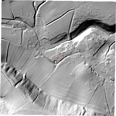 Shaded relief map of the ground around GU343JB, computed from Environment Agency LiDAR. The ground here sits at about 112 m above sea level and falls 99 m across the surrounding 800 m. Surface water reaching this point runs off ground lying to the east, 2.6 m higher.