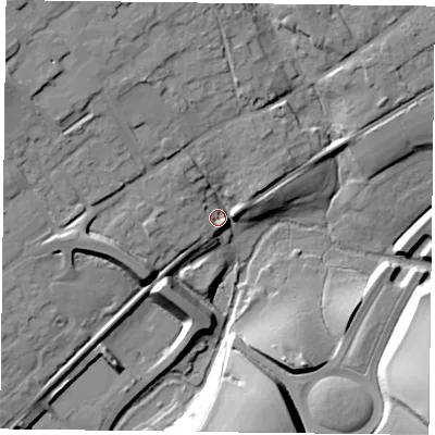 Shaded relief map of the ground around GU344EP, computed from Environment Agency LiDAR. The ground here sits at about 99 m above sea level and falls 29 m across the surrounding 800 m. Surface water reaching this point runs off ground lying to the north-west, 17.3 m higher.