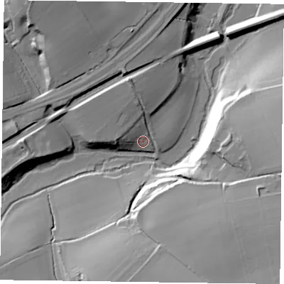 Shaded relief map of the ground around GU344JE, computed from Environment Agency LiDAR. The ground here sits at about 90 m above sea level and falls 32 m across the surrounding 800 m. Surface water reaching this point runs off ground lying to the north-west, 10.0 m higher.