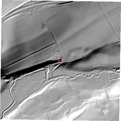 Shaded relief map of the ground around GU344JJ, computed from Environment Agency LiDAR. The ground here sits at about 92 m above sea level and falls 31 m across the surrounding 800 m. Surface water reaching this point runs off ground lying to the north-west, 24.4 m higher.