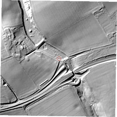Shaded relief map of the ground around GU344NE, computed from Environment Agency LiDAR. The ground here sits at about 94 m above sea level and falls 29 m across the surrounding 800 m. Surface water reaching this point runs off ground lying to the north, 19.7 m higher.