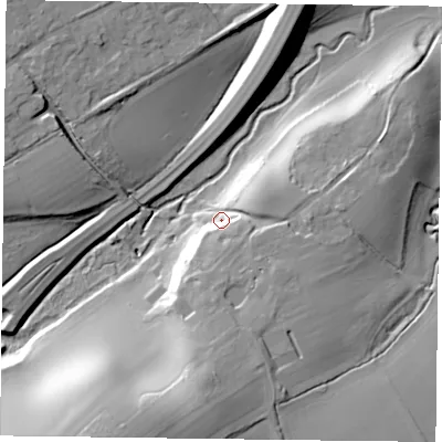 Shaded relief map of the ground around GU344NP, computed from Environment Agency LiDAR. The ground here sits at about 98 m above sea level and falls 37 m across the surrounding 800 m. Surface water reaching this point runs off ground lying to the south, 22.9 m higher.