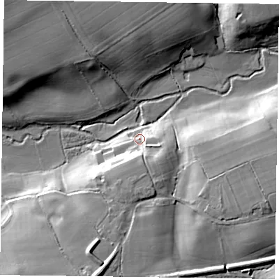 Shaded relief map of the ground around GU344PW, computed from Environment Agency LiDAR. The ground here sits at about 85 m above sea level and falls 24 m across the surrounding 800 m. Surface water reaching this point runs off ground lying to the south, 10.9 m higher.