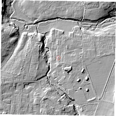 Shaded relief map of the ground around GU350HB, computed from Environment Agency LiDAR. The ground here sits at about 71 m above sea level and falls 15 m across the surrounding 800 m. Surface water reaching this point runs off ground lying to the east-south-east, 3.0 m higher.