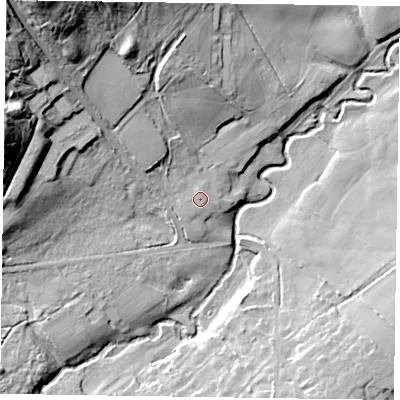 Shaded relief map of the ground around GU350JX, computed from Environment Agency LiDAR. The ground here sits at about 71 m above sea level and falls 37 m across the surrounding 800 m. The ground contributing surface water to this point lies to the north.