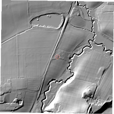 Shaded relief map of the ground around GU350QP, computed from Environment Agency LiDAR. The ground here sits at about 68 m above sea level and falls 23 m across the surrounding 800 m. Surface water reaching this point runs off ground lying to the north-west, 1.6 m higher.