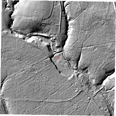 Shaded relief map of the ground around GU350QW, computed from Environment Agency LiDAR. The ground here sits at about 71 m above sea level and falls 25 m across the surrounding 800 m. Surface water reaching this point runs off ground lying to the south-south-east, 1.1 m higher.
