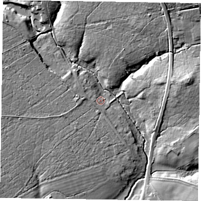 Shaded relief map of the ground around GU350RA, computed from Environment Agency LiDAR. The ground here sits at about 71 m above sea level and falls 19 m across the surrounding 800 m. Surface water reaching this point runs off ground lying to the south-south-west, 2.6 m higher.