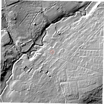 Shaded relief map of the ground around GU350RP, computed from Environment Agency LiDAR. The ground here sits at about 70 m above sea level and falls 17 m across the surrounding 800 m. Surface water reaching this point runs off ground lying to the east-south-east, 12.5 m higher.