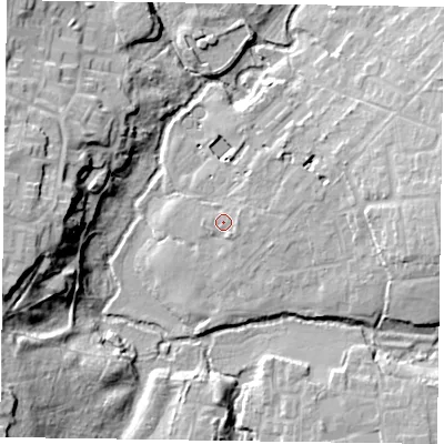 Shaded relief map of the ground around GU350SS, computed from Environment Agency LiDAR. The ground here sits at about 70 m above sea level and falls 23 m across the surrounding 800 m. Surface water reaching this point runs off ground lying to the east, 1.7 m higher.