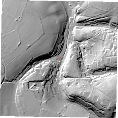 Shaded relief map of the ground around GU358BU, computed from Environment Agency LiDAR. The ground here sits at about 77 m above sea level and falls 49 m across the surrounding 800 m. Surface water reaching this point runs off ground lying to the west-north-west, 24.0 m higher.