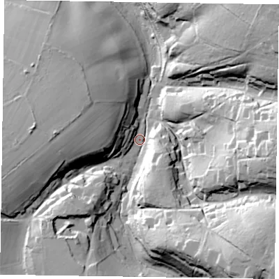 Shaded relief map of the ground around GU358BY, computed from Environment Agency LiDAR. The ground here sits at about 76 m above sea level and falls 51 m across the surrounding 800 m. Surface water reaching this point runs off ground lying to the south-south-east, 39.3 m higher.