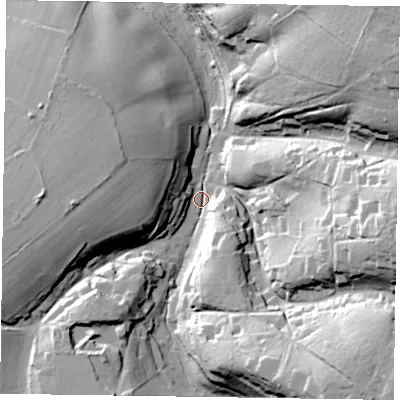 Shaded relief map of the ground around GU358BZ, computed from Environment Agency LiDAR. The ground here sits at about 76 m above sea level and falls 52 m across the surrounding 800 m. Surface water reaching this point runs off ground lying to the south-south-east, 37.1 m higher.